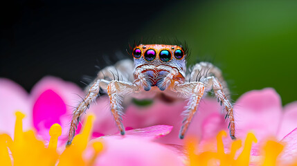 Extreme Macro Photograph of a Colorful Jumping Spider on a Pink Flower