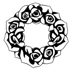 Obraz premium Black and White Floral Wreath: Simplistic yet detailed. A circular floral wreath of black roses on a white background.