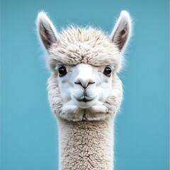 Obraz premium Vivid white alpaca radiating laughter against a blue background scene 