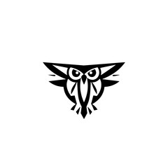 Minimalist black and white owl logo, stylized silhouette, modern and artistic geometric design on a white background.