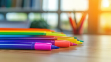 Colorful assortment of pens and markers arranged in a row on a wooden table with blurred background of a sunny workspace, ideal for school or art projects