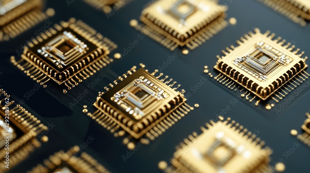 Poster golden quantum circuits floating on a high-contrast deep blue gradient background, representing comp