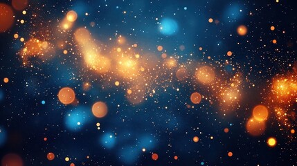 bokeh effect of golden and blue holiday lights over dark blue background with soft diffused lighting
