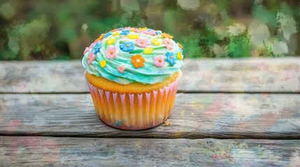 Colorful Cupcake with Creamy Frosting and Playful Flower Decorations Set Against a Natural Background on a Weathered Wooden Surface