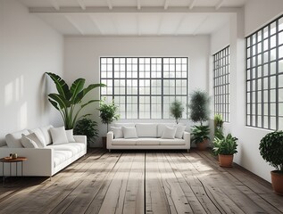A beautifully designed bright minimalist living room featuring large industrial-style windows, lush green plants, and a wooden floor, creating a warm and natural aesthetic with cozy vibes

