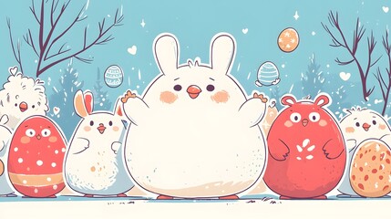 Obraz premium Playful whimsical adventure colorful cartoon characters on an easter egg hunt