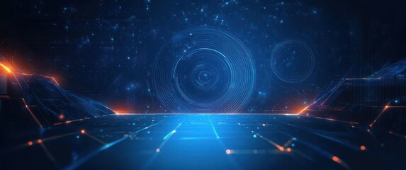 Futuristic Digital Landscape with Geometric Shapes and Lines in Deep Blue Palette and Neon Glows