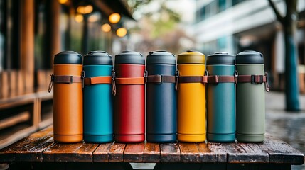 Colorful thermos bottles on wooden table neatly aligned on rustic wooden table outdoors. Adventure and travel-ready essentials