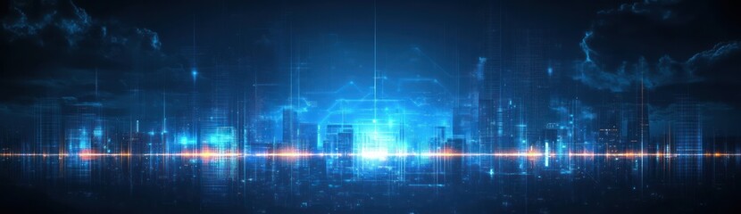 Futuristic City Skyline Cyberpunk Neon Light Architecture Digital Technology Concept