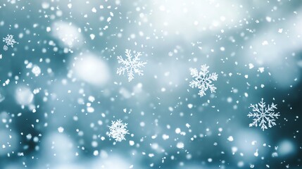 Fototapeta premium A serene winter scene featuring softly falling snowflakes against a blurred, cool-toned background, evoking a peaceful, chilly atmosphere.