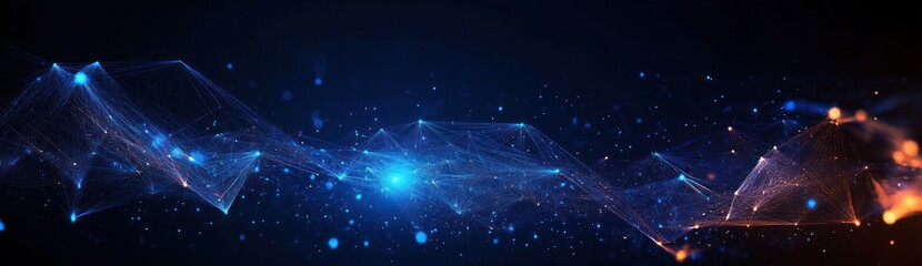 Futuristic Digital Landscape with Geometric Shapes and Abstract Network Connections in Blue