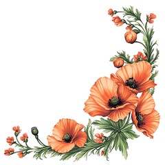 Lovely floral design with poppies forming a charming border corner  

