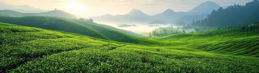 Fototapeta premium Serene Green Tea Fields Rolling Hills Morning Light