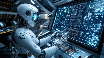 Futuristic white humanoid robot operating advanced touchscreen interface in a high-tech control room with digital blueprints