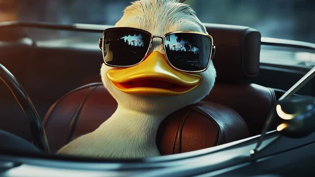Duck wearing sunglasses in car. Room with cartoon duck and car. A pair of black sunglasses with a black shade. A car contains a duck sporting lifestyle sunglasses.