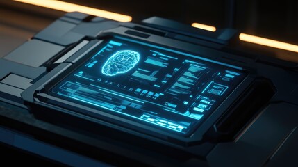 High-tech interface showing a glowing cybernetic brain linked to an advanced supercomputer system.