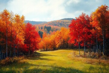 Naklejka premium Autumn Foliage in Vibrant Red and Orange Colors in Rolling Hills of Vermont