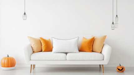 Spooky halloween minimalist decor with pumpkins and throw pillow design