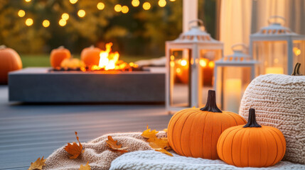 Cozy autumn outdoor patio with pumpkin shaped halloween pillows and festive decor