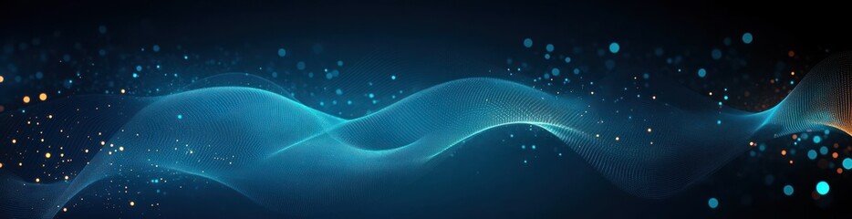 Abstract Technology Background with Flowing Curves and Dots in Blue and Teal Gradients