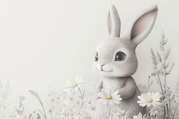 Obraz premium Cute rabbit surrounded by white flowers in a soft, dreamy setting during springtime