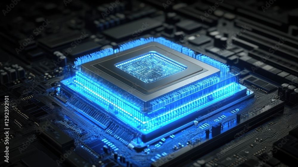 Poster holographic brain with advanced data links transmitting into a transparent, high-speed processor.