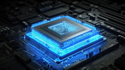 Fototapeta premium Holographic brain with advanced data links transmitting into a transparent, high-speed processor.