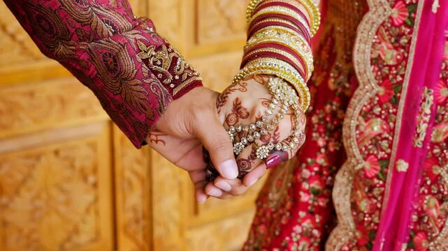 Couple standing together, holding hands, dressed in traditional red Indian clothes, Elements of Hindu wedding. Close up