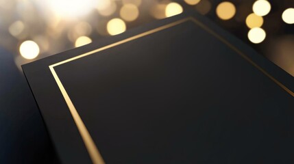  Elegant RSVP wedding invitation mockup with gold trim and bokeh background for sophisticated event design.