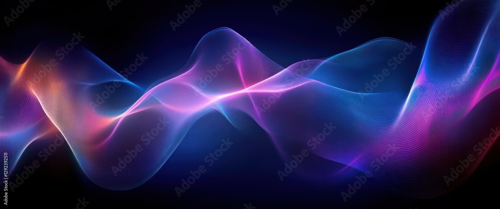 Poster vibrant abstract wave forms dynamic flowing lines particle pattern neon light on dark blue backgroun