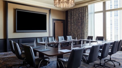 Hotel conference room with modern presentation equipment, a long meeting table, and ergonomic chairs