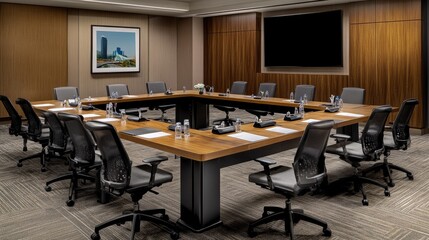Hotel conference room with modern presentation equipment, a long meeting table, and ergonomic chairs