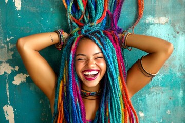 Long coiffure - braids hair. Pretty happy mixed-race girl - for ads, magazine ad and internet networks use. Commercial digital ads creative. Black girl advertising inspiration. Long hair model.