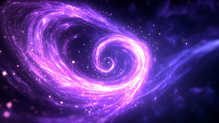 Neon magic swirl, wind effect purple twirl with stars and sparkles. Swirl of wand spell . Magician, wizard or fairy light, shiny trace isolated on black background Realistic 3d Vector illustration