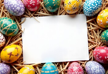 A beautifully arranged flat lay of Easter eggs in warm shades, designed for holiday branding, invitations, and creative compositions.