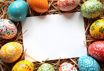 A beautifully arranged flat lay of Easter eggs in warm shades, designed for holiday branding, invitations, and creative compositions.