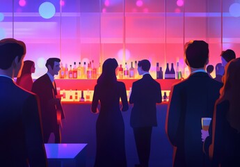 Obraz premium A group of people enjoying drinks and socializing at a lively party atmosphere, A corporate event with people networking and mingling.