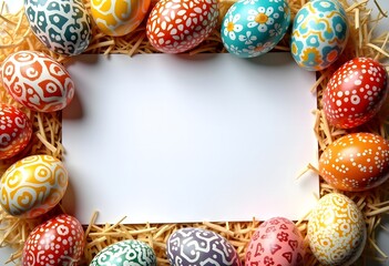 Decorated Easter eggs with intricate floral designs rest in a straw nest around a blank card. A perfect setup for festive messages, invitations, or greeting cards.