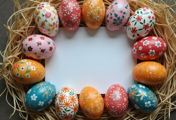 Decorated Easter eggs with intricate floral designs rest in a straw nest around a blank card. A perfect setup for festive messages, invitations, or greeting cards.