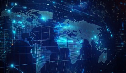 Fototapeta premium Digital technology background with multiple images of business people working together, graphs and charts on screens showing global data network connections for online advertising Generative AI