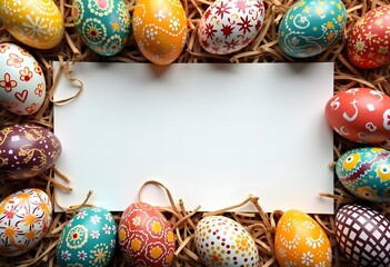 Decorated Easter eggs with intricate floral designs rest in a straw nest around a blank card. A perfect setup for festive messages, invitations, or greeting cards.