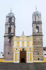 The facade of an old church in Puebla, Mexico.