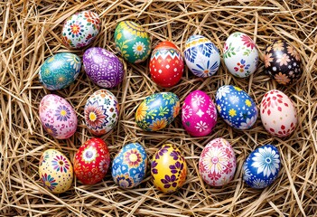 Decorated Easter eggs with intricate floral designs rest in a straw nest 