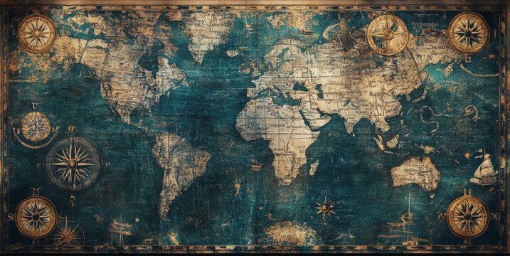 Fototapeta  Vintage world map with nautical compass design evokes exploration and adventure on aged, textured canvas background