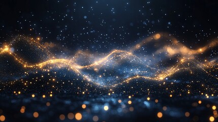 Golden particles flowing like liquid with some glowing blue and white dots on a dark background