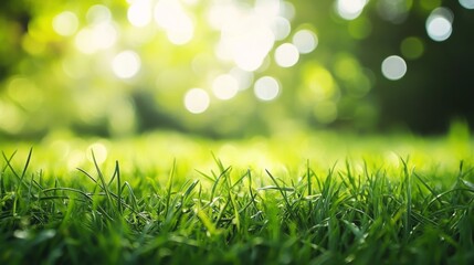 Fototapeta premium Capturing sunlit bokeh of lush green grass outdoor garden photography natural environment close-up eco-friendly aesthetic