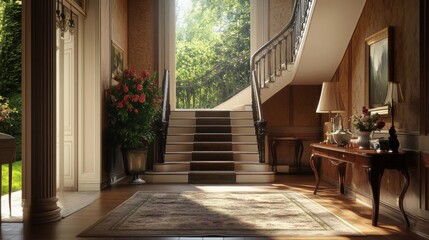 Obraz premium Designing interiors and remodeling houses, welcoming entryways, entrance halls and staircases in an English country house, home decor using generative AI