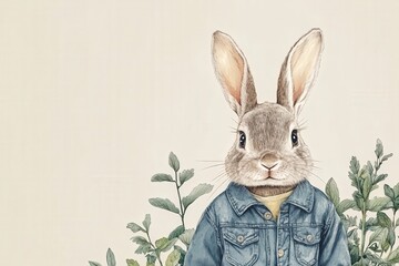 Obraz premium Rabbit dressed in denim jacket stands amidst greenery in a whimsical illustration showcasing animal art styles