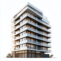 Obraz premium modern apartment building, white background, orthographic view, architectural design style, smooth and clean .