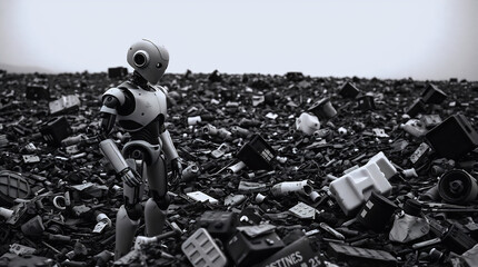 Lonely robot in dystopian trash landscape, black and white